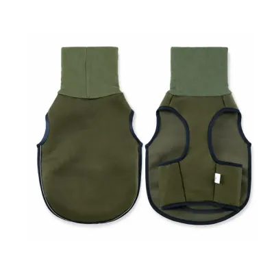 Olive green dog calming vest shown from front and back, adjustable anxiety relief jacket for dogs