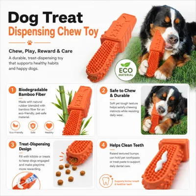 Dog Treat Dispensing Chew Toy Features Durable orange dog treat dispensing chew toy with bamboo fiber material, dental bumps, and treat holder for dogs