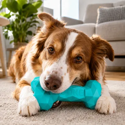 Wholesale Durable Dog Chew Bone Toy for Indoor Play Dog chewing a turquoise durable bone toy on a carpet in a cozy living room, suitable for pet stores and aggressive chewers.