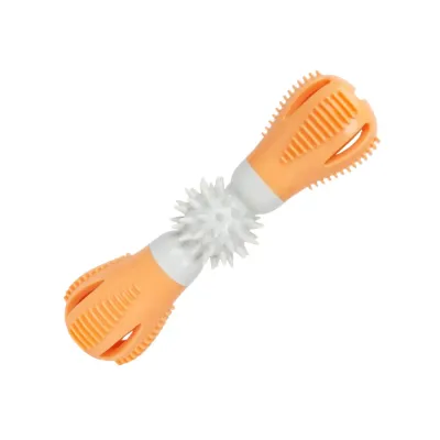 Orange Dog Treat Dispensing Dental Chew Toy Orange dog treat dispensing dental chew toy with textured ends and soft spiky center