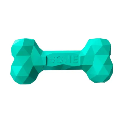 Turquoise Dog Treat Dispensing Bone Toy Turquoise bone-shaped dog treat dispensing chew toy with faceted texture on white background