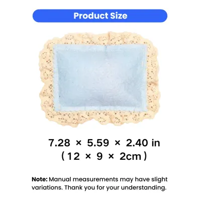 Catnip Pillow Toy Size Guide for Cats Blue lace catnip pillow toy with product size details for cats, featuring PP Fiber and catnip filling