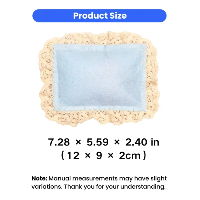 Blue lace catnip pillow toy with product size details for cats, featuring PP Fiber and catnip filling