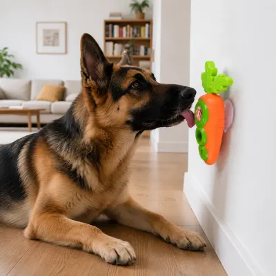 German Shepherd Using Frozen Treat Toy Indoors German Shepherd licking carrot-shaped TPR frozen treat toy attached to an indoor wall with suction cup