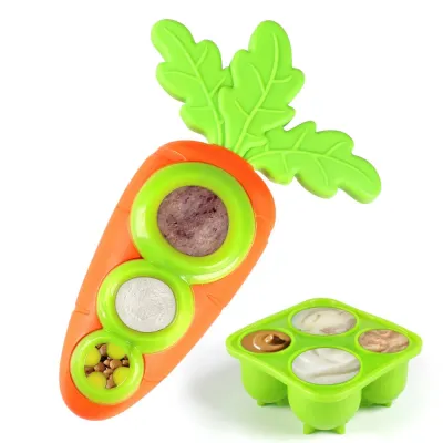 Carrot Shape TPR Dog Frozen Treat Toy with Tray Carrot-shaped orange and green TPR dog frozen treat toy with matching freezeable treat tray on white background