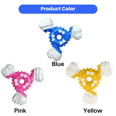Dog Chew Toy Color Variants Blue Pink Yellow Nylon Rubber Color selection of nylon rubber dog chew toy showing blue pink and yellow variants on white background
