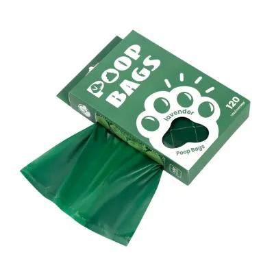 Lavender Scented Dog Poop Bags 120 Count Lavender scented dog poop bags in green dispenser box with 120 leak-proof waste bags for pet walks and daily cleanup.