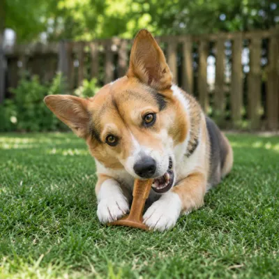 Dog Chewing T-Shaped Dental Toy Outdoor Real Play Scene Dog chewing T-shaped dental toy on grass outdoor natural play scene