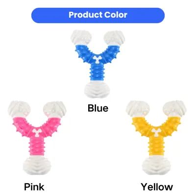 Dog Chew Toy Color Options Blue Pink Yellow Y Shape Design Y shaped dog chew toy available in blue pink and yellow colors with durable textured rubber surface