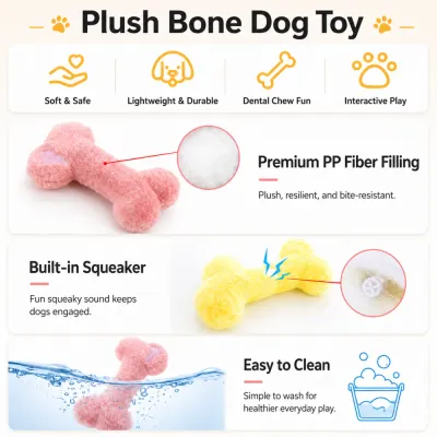 Plush Bone Dog Toy Features Plush bone dog toy with PP fiber filling, built-in squeaker, soft plush surface and easy-clean design