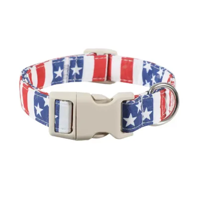 Patriotic Adjustable Dog Collar with Quick Release Buckle Patriotic adjustable dog collar with American flag pattern, beige buckle, and metal D-ring