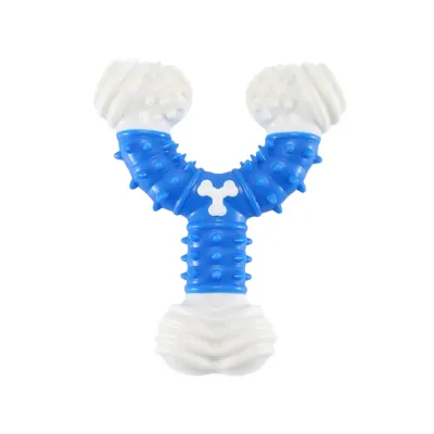 Blue Y shaped nylon rubber dog chew toy with textured surface for teeth cleaning and aggressive chewers