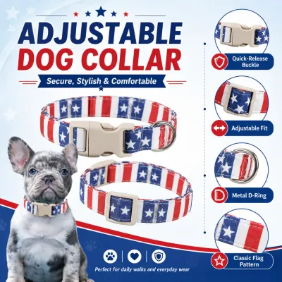 Adjustable American Flag Dog Collar with Buckle and D-Ring Adjustable American flag dog collar with quick release buckle, metal D-ring, and comfortable fit