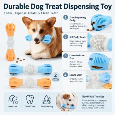 Durable dog treat dispensing toy with chew-resistant design, soft spiky center and dental cleaning features