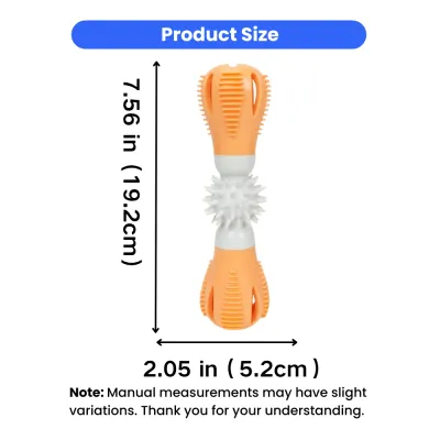 Dog treat dispensing chew toy size 7.56 by 2.05 inches with orange dental chew design