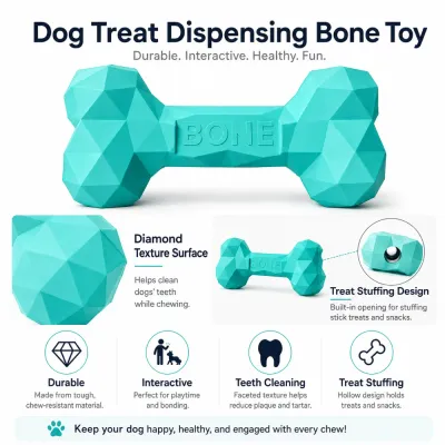 Durable Dog Treat Dispensing Bone Toy Features Durable dog treat dispensing bone toy with diamond texture, teeth cleaning surface, and treat stuffing design