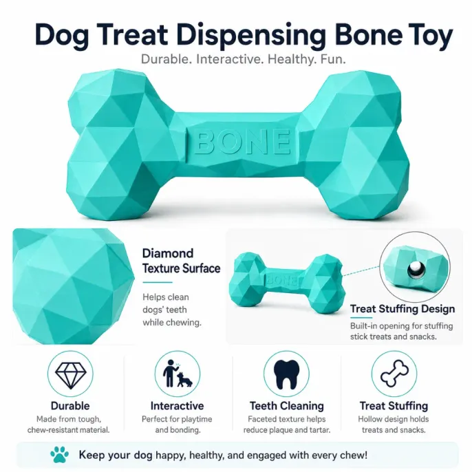 Durable Dog Treat Dispensing Bone Toy Features Durable dog treat dispensing bone toy with diamond texture, teeth cleaning surface, and treat stuffing design