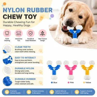 Dog Playing Outdoors with Blue Y Shape Chew Toy Active Fetch Training Dog running outdoors holding blue Y shaped chew toy for play fetch and interactive training