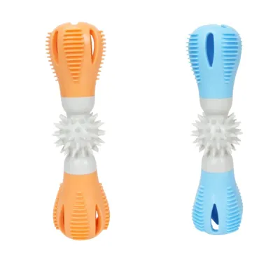 Orange and blue dog treat dispensing chew toys with spiky dental center on white background