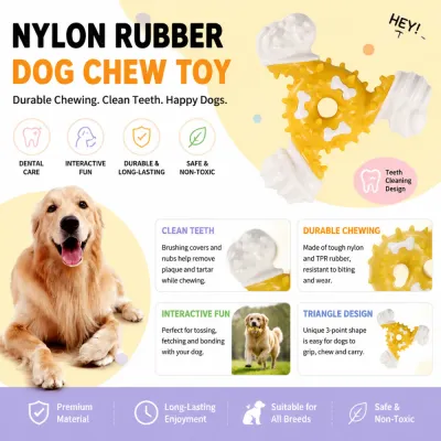Durable Nylon Rubber Dog Chew Toy with Dental Care Benefits Infographic of nylon rubber dog chew toy highlighting dental care, durability, safety and interactive play features