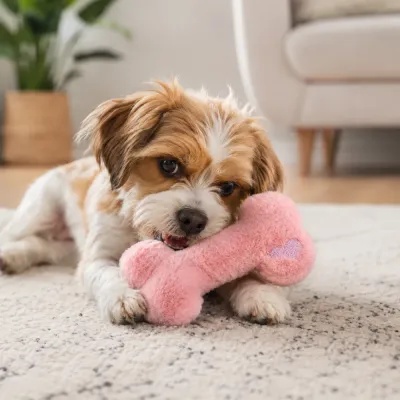 Dog Playing with Pink Plush Bone Toy Small dog chewing pink plush bone squeaky toy indoors on a soft carpet