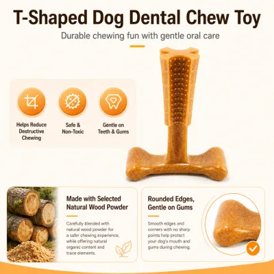 T-Shaped Dog Dental Chew Toy Features Non-Toxic Durable Material Dog dental chew toy infographic showing benefits like safe material, gum care, and chewing durability
