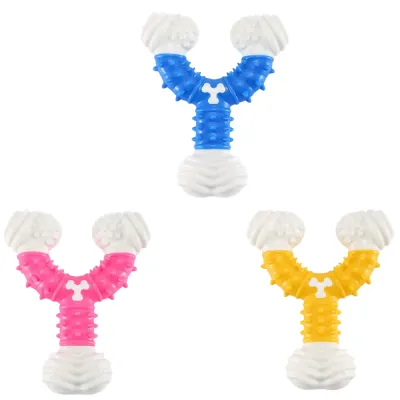 Multi Color Y Shape Dog Chew Toys Blue Pink Yellow Set Set of Y shaped dog chew toys in blue pink and yellow colors made of durable nylon rubber