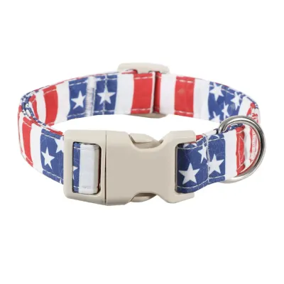 American Flag Adjustable Dog Collar White Background American flag adjustable dog collar with beige buckle and silver D-ring on white background