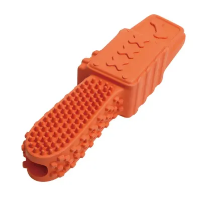 Durable Orange Dog Dental Chew Toy Close-up of orange durable dog chew toy with raised textured bumps and treat dispensing opening for dental care