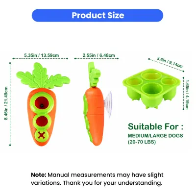 TPR Dog Frozen Treat Toy Size Guide Size chart of carrot-shaped TPR dog frozen treat toy with suction cup and treat tray for medium and large dogs