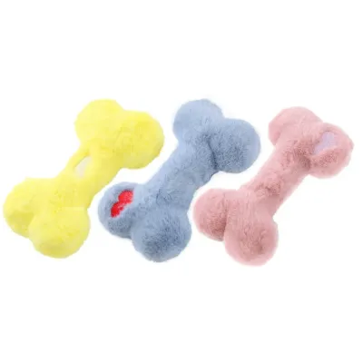 Colorful Plush Bone Dog Toys Yellow blue and pink plush bone dog toys for small dogs on white background