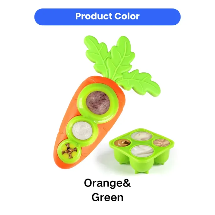 TPR Dog Frozen Treat Toy Orange Green Color Orange and green TPR dog frozen treat toy with carrot shape, slow feeder holes, and freezeable treat tray