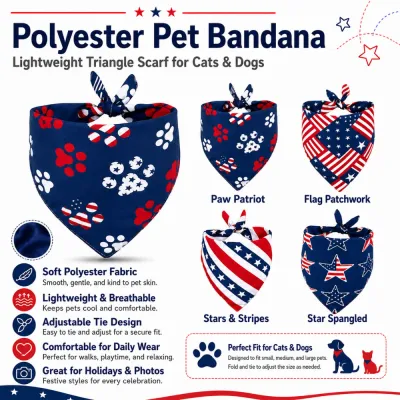 Polyester Pet Bandana Product Features Polyester pet bandana for cats and dogs with soft fabric, breathable design, adjustable tie, and patriotic holiday patterns
