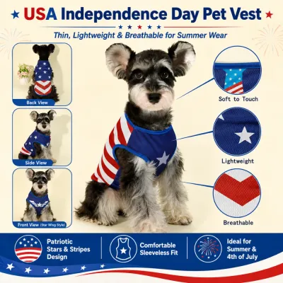 USA Independence Day Pet Vest for Small Dogs Small dog wearing USA Independence Day pet vest with breathable fabric, sleeveless fit and patriotic stars and stripes design