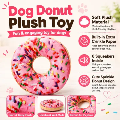 Dog Donut Plush Toy Features Dog donut plush toy with soft plush material, crinkle paper and 6 squeakers