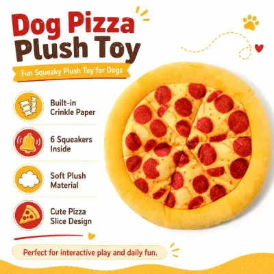 Dog Pizza Plush Toy with Squeakers Yellow dog pizza plush toy with crinkle paper, 6 squeakers, and soft plush material