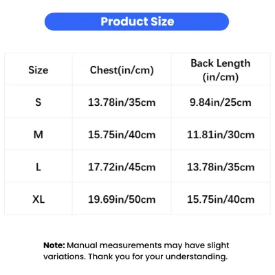 Size chart for fleece-lined bee dog hoodie showing chest and back length in inches and centimeters