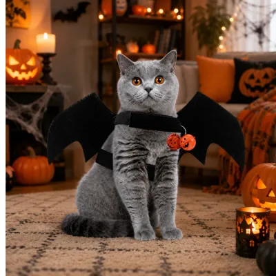 Cat Wearing Halloween Bat Wings Costume Gray cat wearing black Halloween bat wings costume in festive indoor Halloween scene