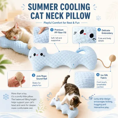 Summer cooling cat neck pillow with PP Fiber fill, ice silk fabric and jute rope sound ball
