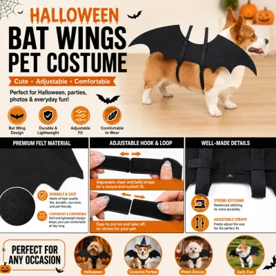 Halloween Bat Wings Pet Costume Detail Image Halloween bat wings pet costume with felt material adjustable straps and lightweight design