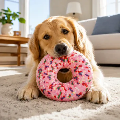 Dog Playing with Donut Plush Toy Indoors Golden retriever playing with pink donut plush dog toy indoors