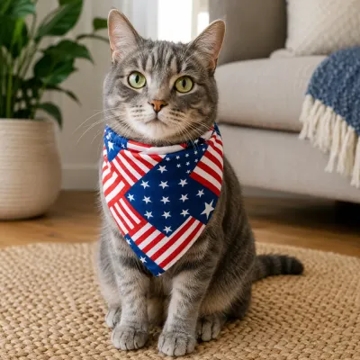 Cat Wearing Patriotic Pet Bandana Gray cat wearing a red white and blue patriotic polyester pet bandana indoors