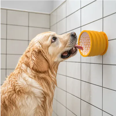 Dog Licking Honeycomb Slow Feeder Cup on Bathroom Wall Golden retriever licking silicone honeycomb slow feeder cup attached to bathroom tile wall
