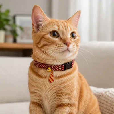 Cat Wearing Red Striped Bell Collar Indoors Orange cat wearing a red striped bell collar with bell and charm in an indoor home setting