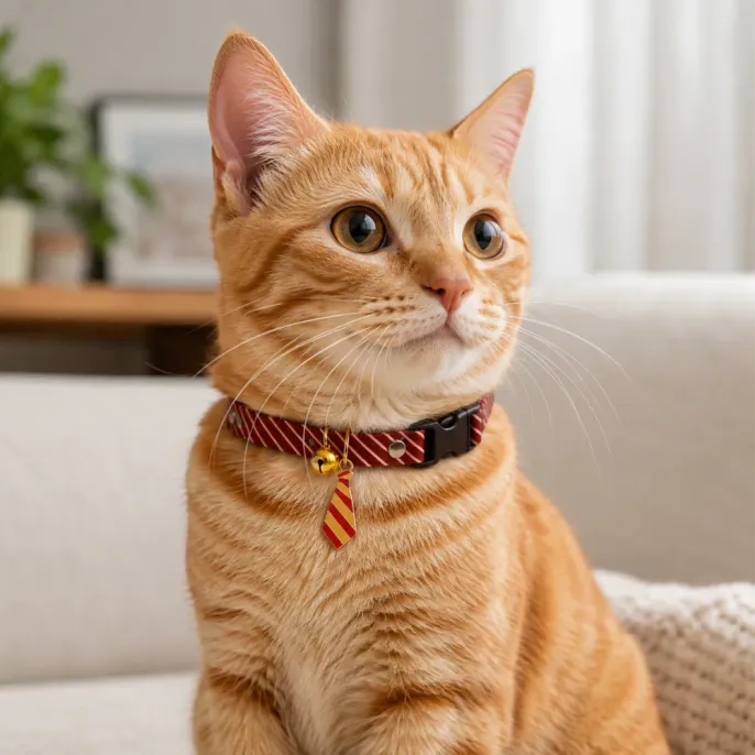Orange cat wearing a red striped bell collar with bell and charm in an indoor home setting