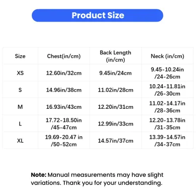 USA Independence Day Pet Vest Size Chart USA Independence Day pet vest size chart with chest, back length and neck measurements for XS to XL dogs