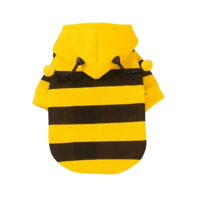 Bee style fleece-lined dog hoodie in yellow and black stripes with hood and antenna details