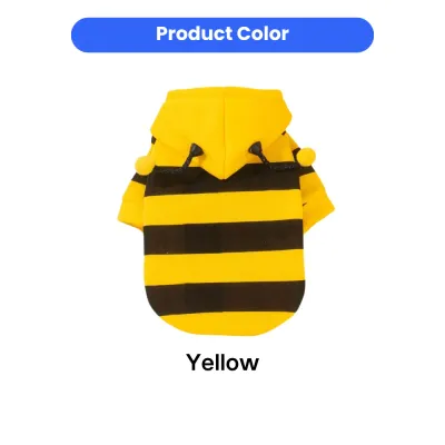 Yellow fleece-lined bee dog hoodie with black stripes, hood, and pom-pom antenna details