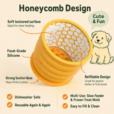 Honeycomb Silicone Dog Slow Feeder Cup Features Honeycomb silicone dog slow feeder cup with suction base, refillable design, and dishwasher safe features