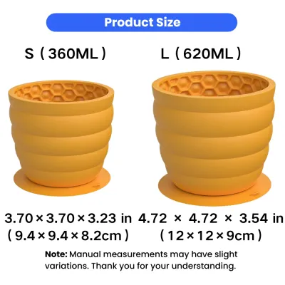 Dog Honeycomb Slow Feeder Cup Size Options Dog honeycomb slow feeder cup in 360ml and 620ml sizes with inch and cm measurements